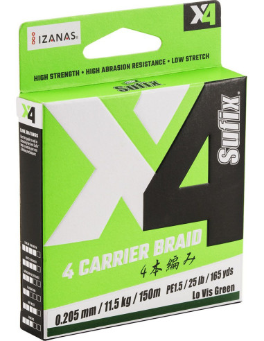 Sufix SFX 4X BRAID 150YDS 0.205MM/11.5KG/ 1.5/25LB/HOT YELLOW